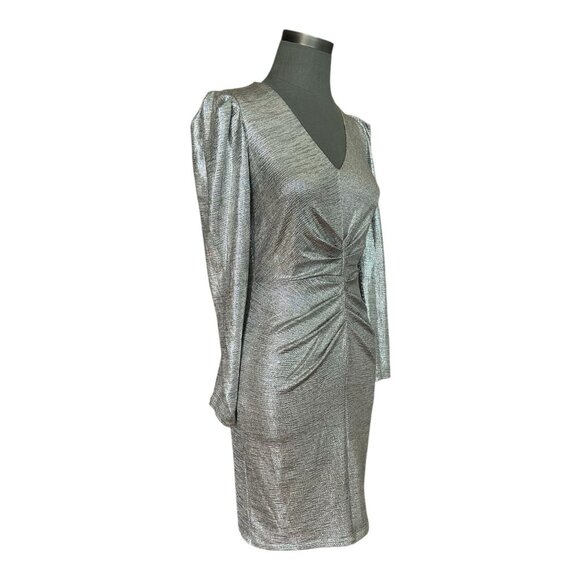Aqua Silver Textured Ruffle V-Neck Sheath Cocktail Dress Size XS Elegant Party - Picture 2 of 4